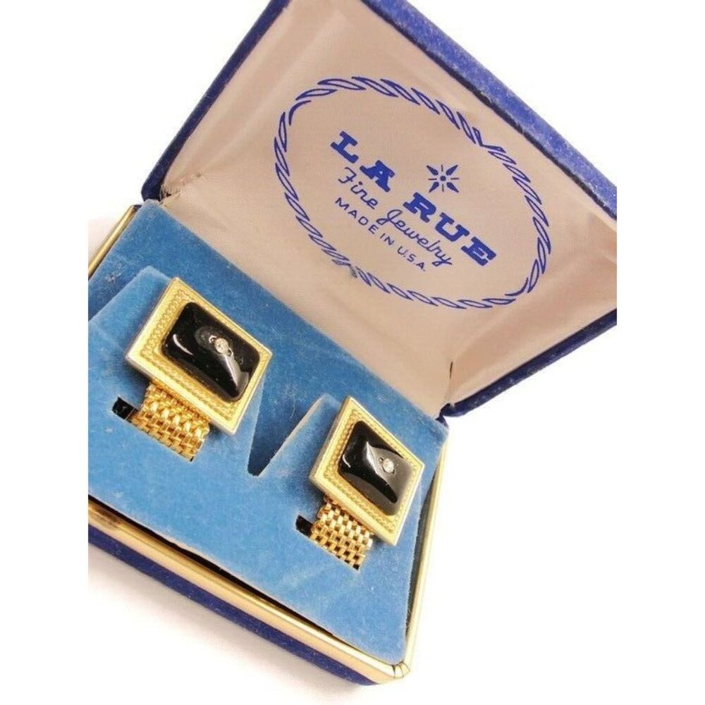 La Rue Mesh Rectangle Vtg Cufflinks Black & Gold Tone Tux Wedding Formal IOB